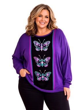Bob Mackie Wearable Art Embroidered Butterfly Sweater 2X Purple & Black
